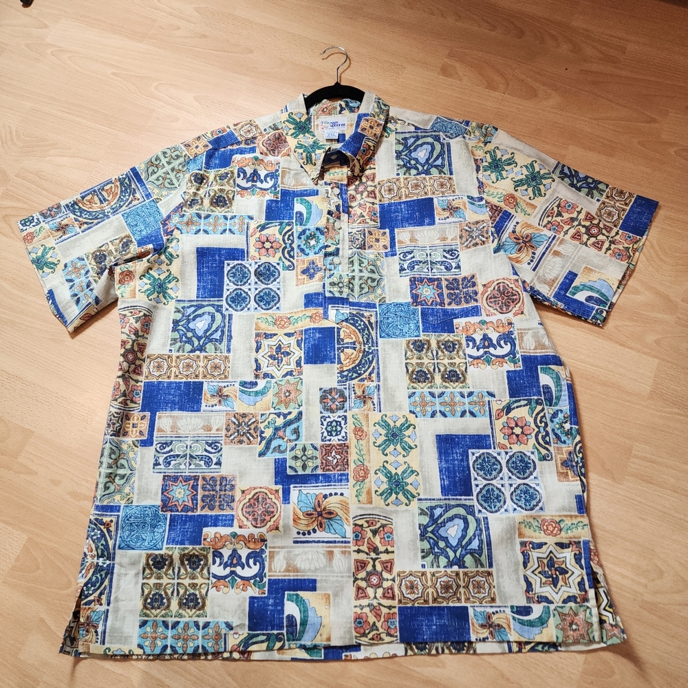 Reyn Spooner Button Placket Pull Over Short Sleeve Shirt Blue Beige Multi XXL